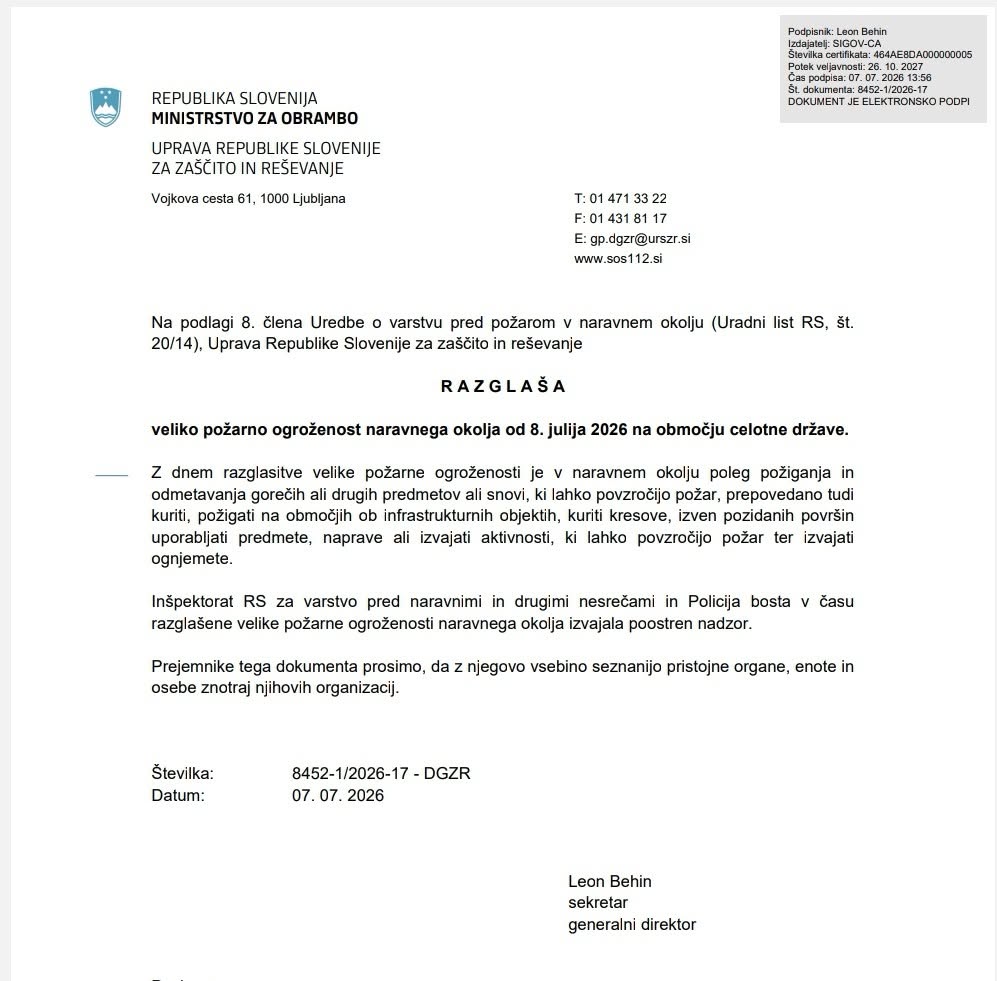 Požarna ogroženost julij 2026